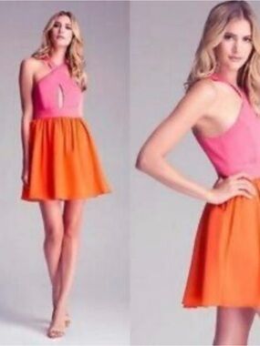 bebe Pink and Orange Colorblock Flare Dress